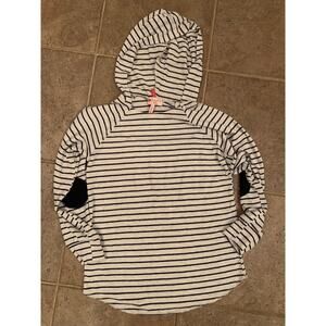 Poof! Girl L Navy Blue & White/Gray Long Sleeve Hoodie Elbow Patch Knit Shirt